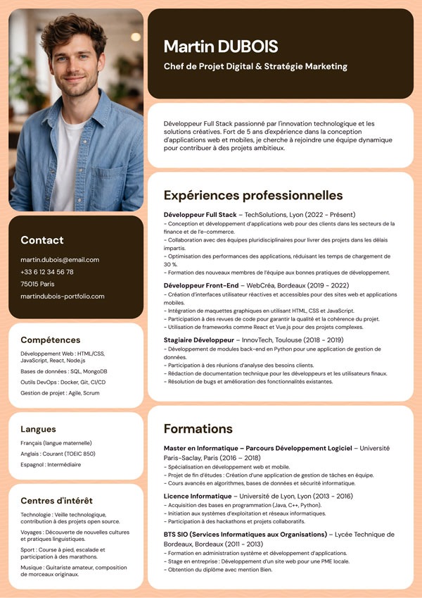CV minimaliste et épuré pour candidats techniques – compatible ATS et export PDF/JPG sur Currivitae