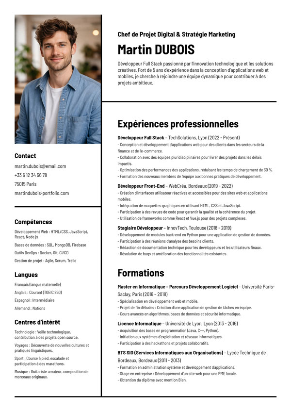 Modèle de CV moderne et structuré pour cadres et managers – personnalisable en 5 minutes