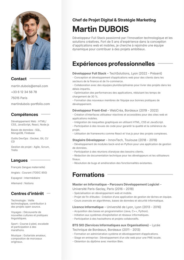 Modèle de CV dynamique avec sections colorées – idéal pour les métiers du marketing et de la communication